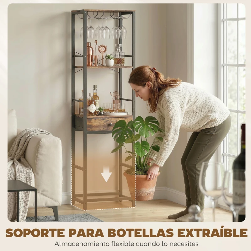 HOMCOM Mueble de Bar para Vinos con Soporte de Copas y Cajón Botellero para 12 Botellas con Estante Abierto Marrón Rústico