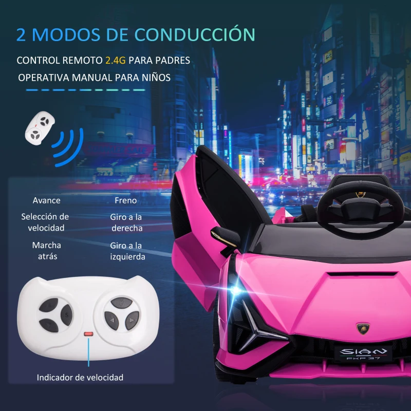 HOMCOM Coche Eléctrico para Niños de +3 Años Lamborghini SIAN Coche de Batería 12V con Mando a Distancia Apertura de Puerta Música MP3 USB y Faros 3-5 km/h 108x62x40 cm Rosa