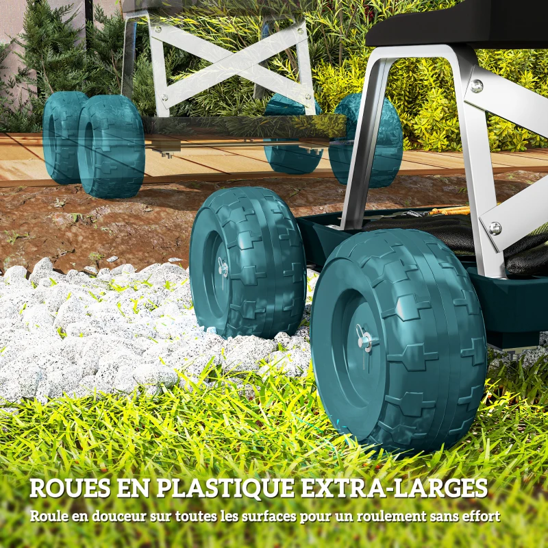 Outsunny Siège de jardin sur roues tabouret de jardinage plateau à outils pour désherber planter 50 x 49 x 32 cm vert foncé