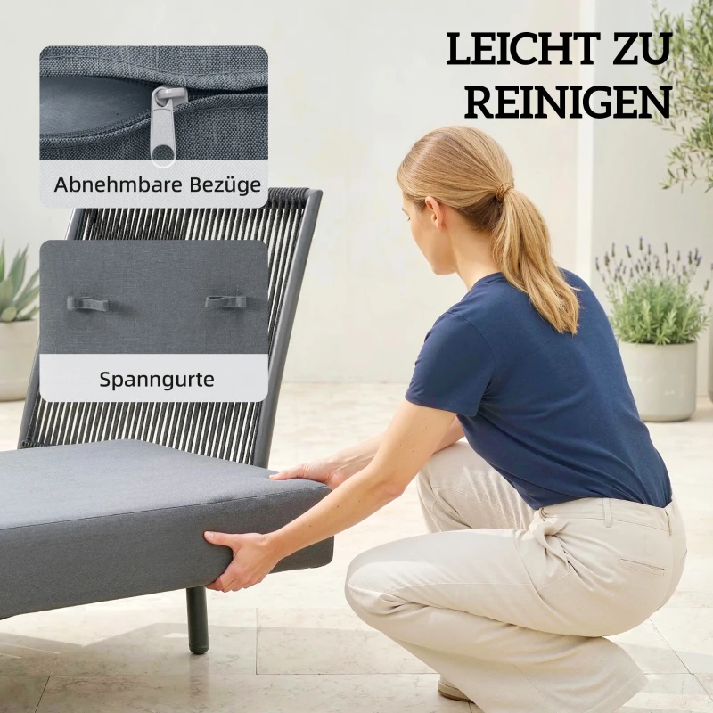 Outsunny Sonnenliege schmale Gartenliege mit dicke waschbare Kissen Seitenablage Bänder bis 120 kg UV-beständig