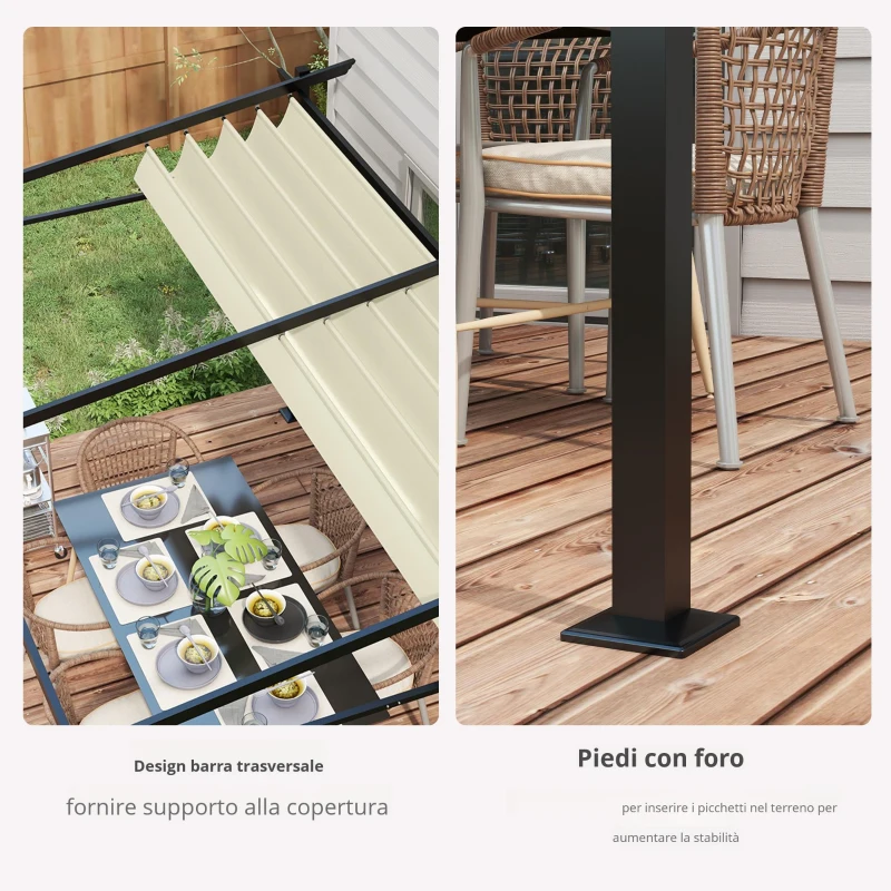 Outsunny Pergola Retrattile 4 x 3 m, Struttura in Metallo con Finitura Epossidica Anticorrosione, Telo in Poliestere 180 g/m², Beige