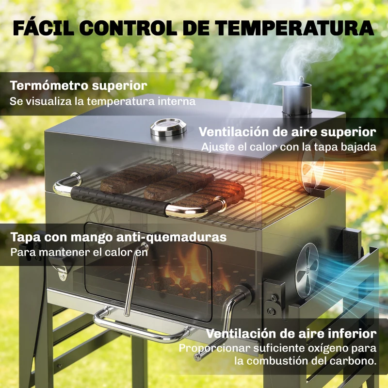 Outsunny Barbacoa de Carbón con Bandeja Ajustable Estantes Plegables Ruedas Termómetro Tapa Chimenea Ventilaciones y Cesta