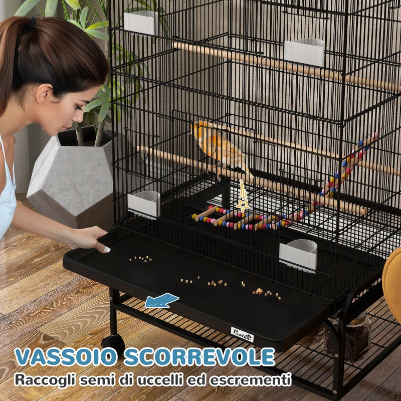 PawHut Gabbia per Uccelli con Area Gioco, Ruote, Vassoio Estraibile e Mensola, 64x45x110 cm, Nero