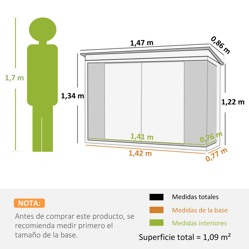 Outsunny Cobertizo de Jardín de Exterior 1,26 m² 147x86x134cm con 2 Puertas y Cerradura para Almacenamiento de Herramientas Negro