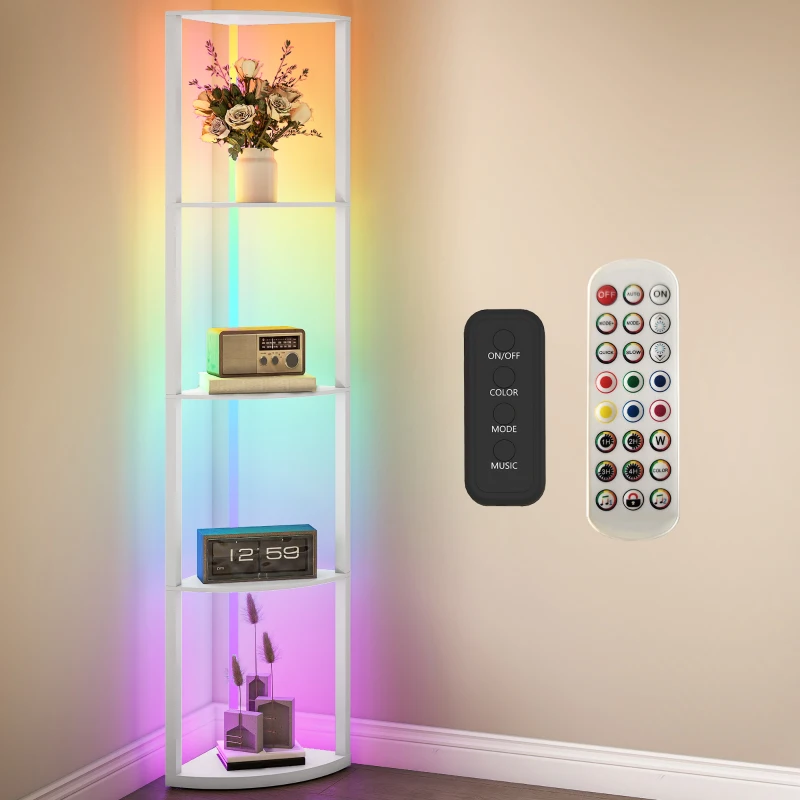 HOMCOM RGB LED Floor Lamp with Shelves, 5-Tier Dimmable Standing Lamp with Adjustable Brightness and Remote Control, Modern Corner Display Shelf Unit for Living Room Bedroom Office, White