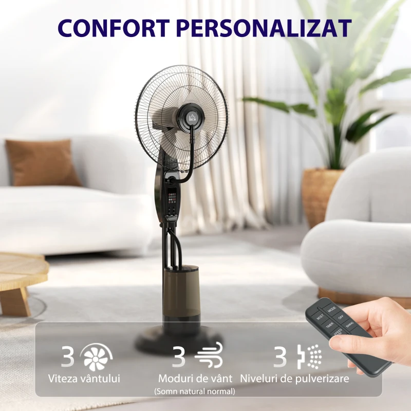 HOMCOM Ventilator cu Nebulizator și Rezervor 3,2L, 3 Moduri și 3 Viteze, Ventilator cu Oscilație 70°, Înclinare 10°, Temporizator 7,5h, Telecomandă, 75W, 120cm