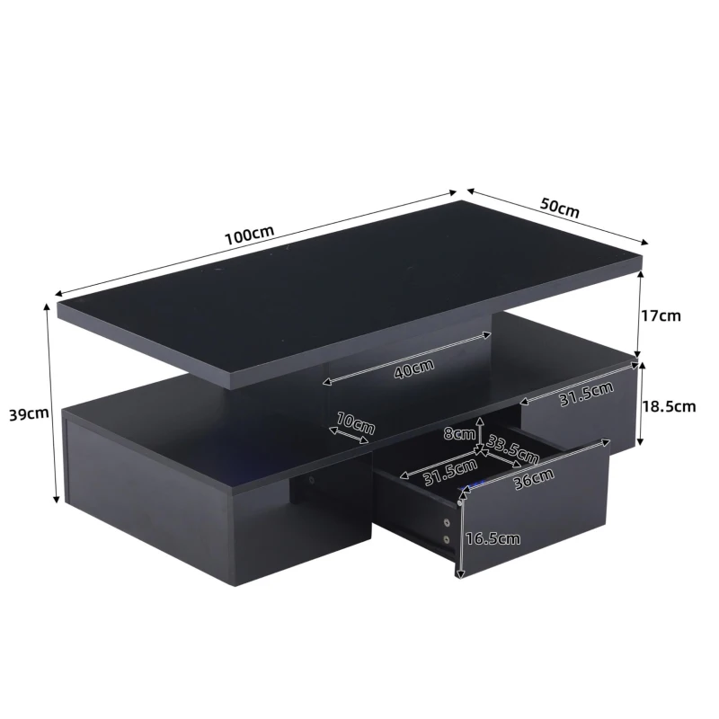 Tavolino da salotto a 2 livelli con luce LED a 16 colori, ripiano aperto e cassetto, 100x50x39 cm, Nero