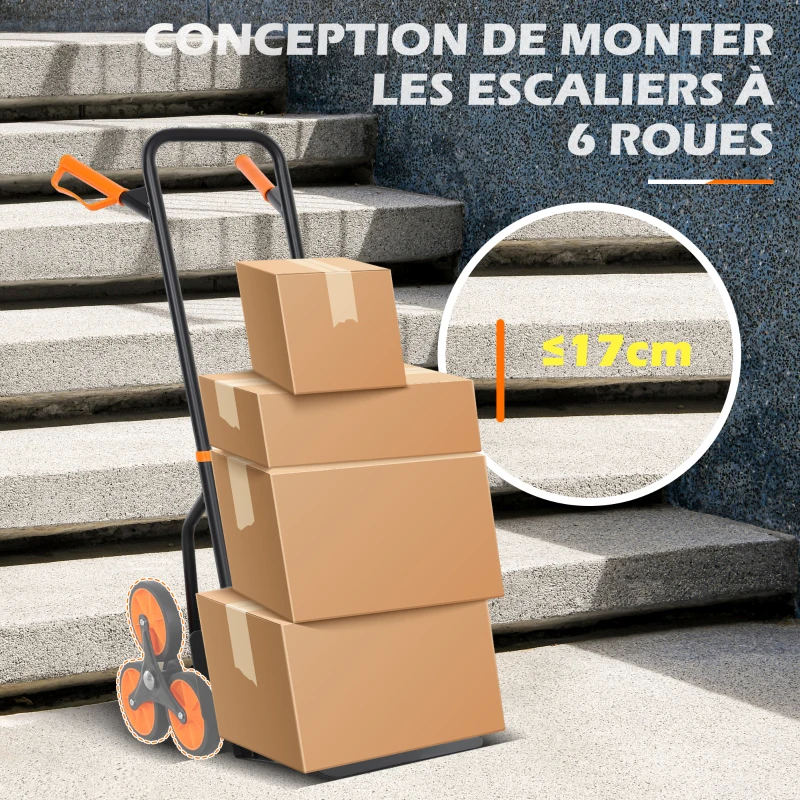 DURHAND Diable d'escalier pliable 120 kg 6 roues, diable demenagement en acier avec cordes télescopiques, 44x38x106,5cm, orange