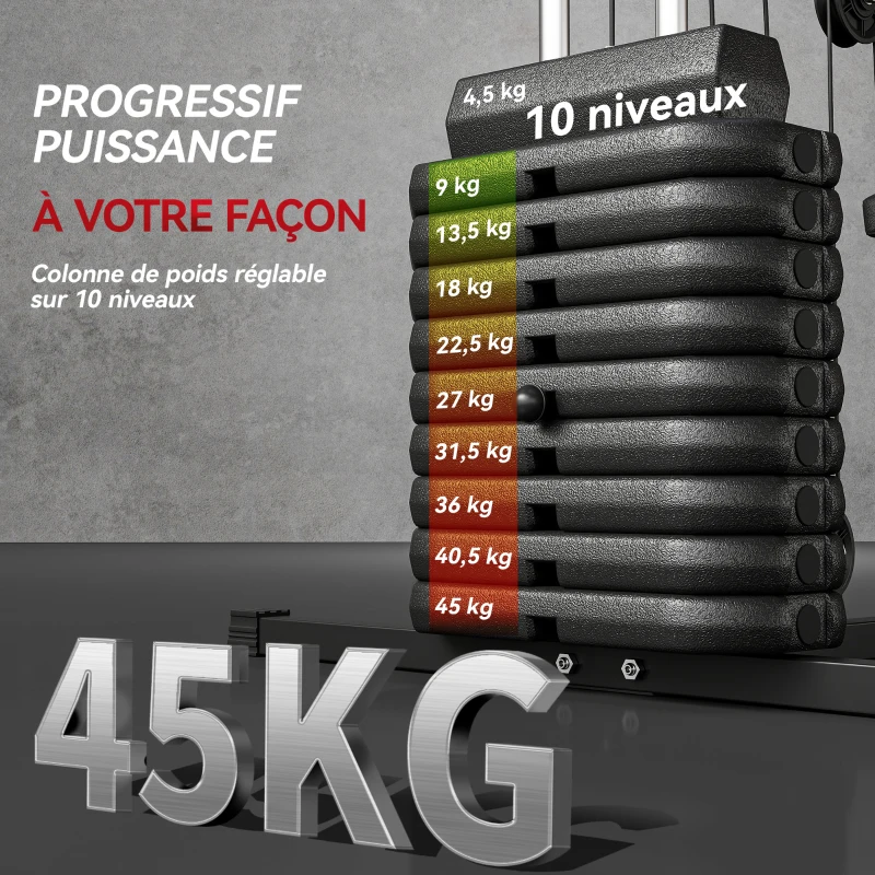 HOMCOM Station de musculation fitness avec 9 blocs de poids de 5 kg, 45kg au total, entraînement complet - 200 x 135 x 103 cm