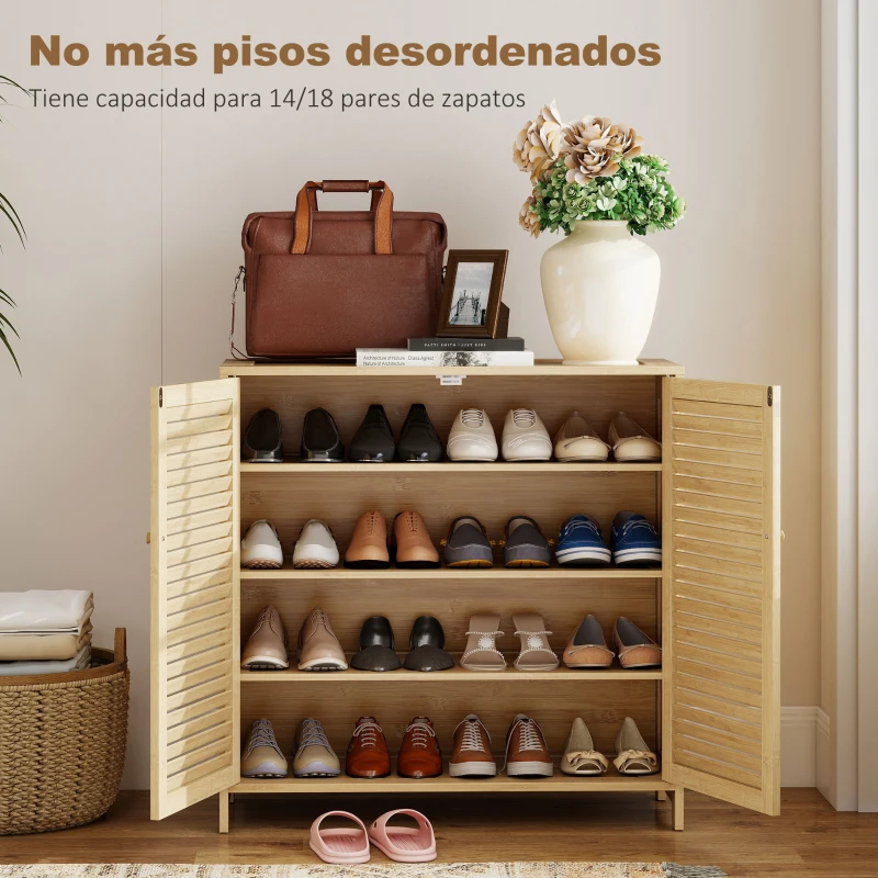 HOMCOM Armario para Zapatos de Bambú con Puertas de Persiana Capacidad para 14 Pares Estantes Ajustables Natural