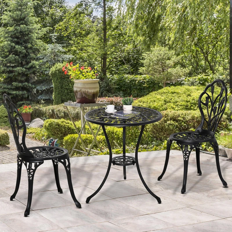 Outsunny Set de Jardín 3 Piezas con Mesa Redonda Ø60x67 cm y 2 Sillas 42,5x47,5x89 cm Mesa con Orificio para Sombrilla Negro