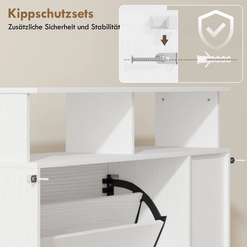 HOMCOM Schuhschrank mit 2 Klappen Schuhkipper mit Verstellbar Trennwand, offenem Fach für 12 Paar Schuhe 89 x 25 x 92 cm Weiß