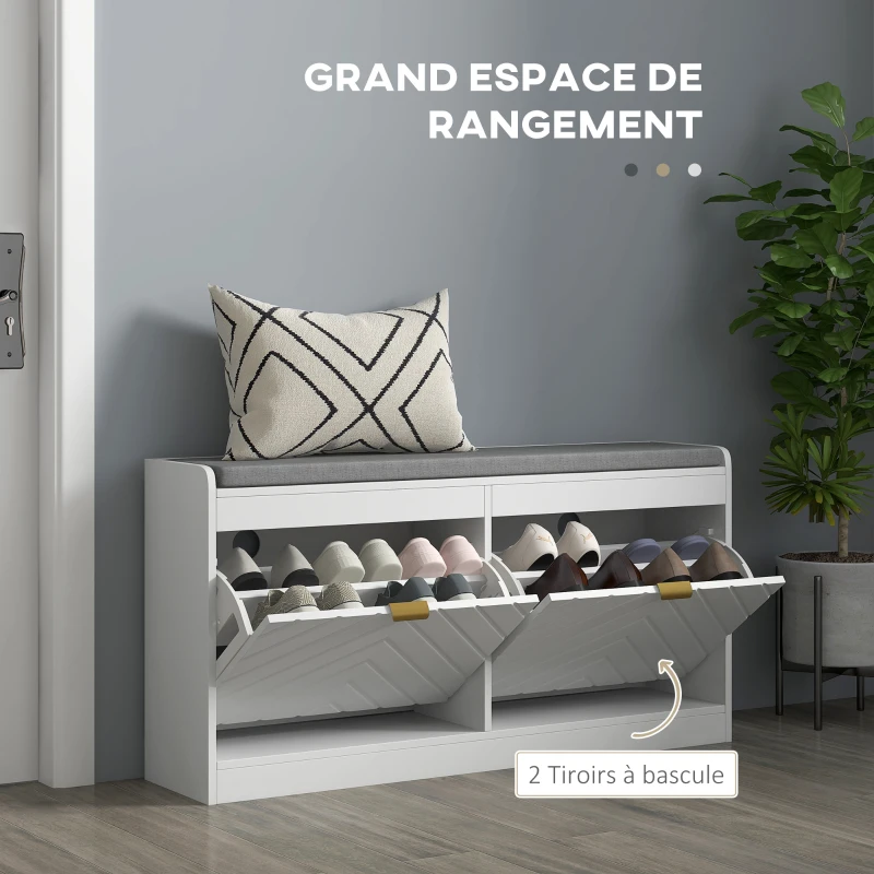 HOMCOM Banc à chaussures, banc de rangement, assise rembourrée, tiroir rabattable, porte avec motif 106 x 24 x 52,5 cm, blanc