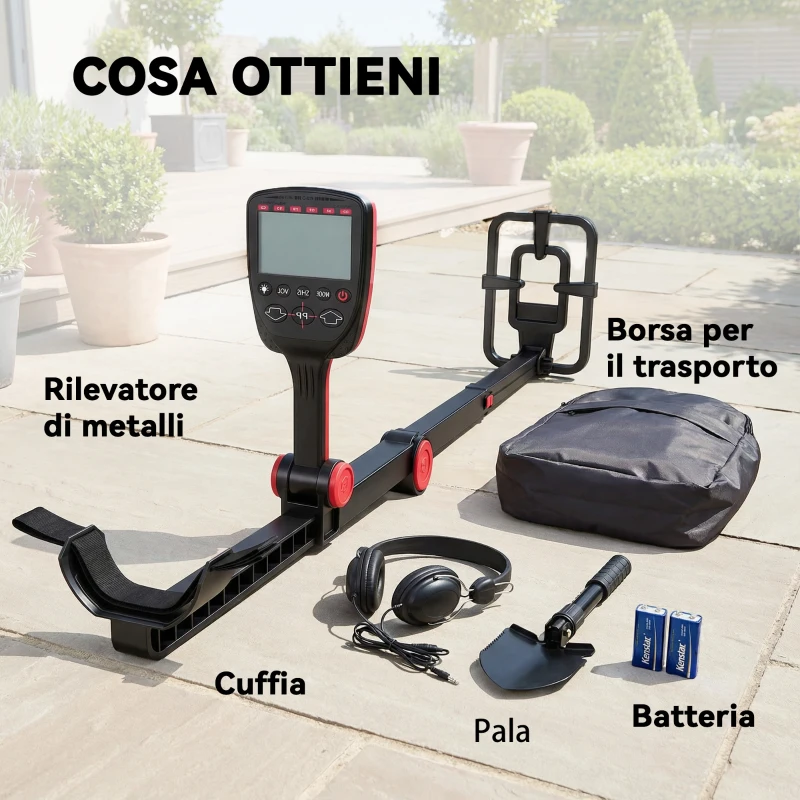 Outsunny Metal Detector Adulti, 4 Modalità, Bobina IP68 Impermeabile, Display LCD