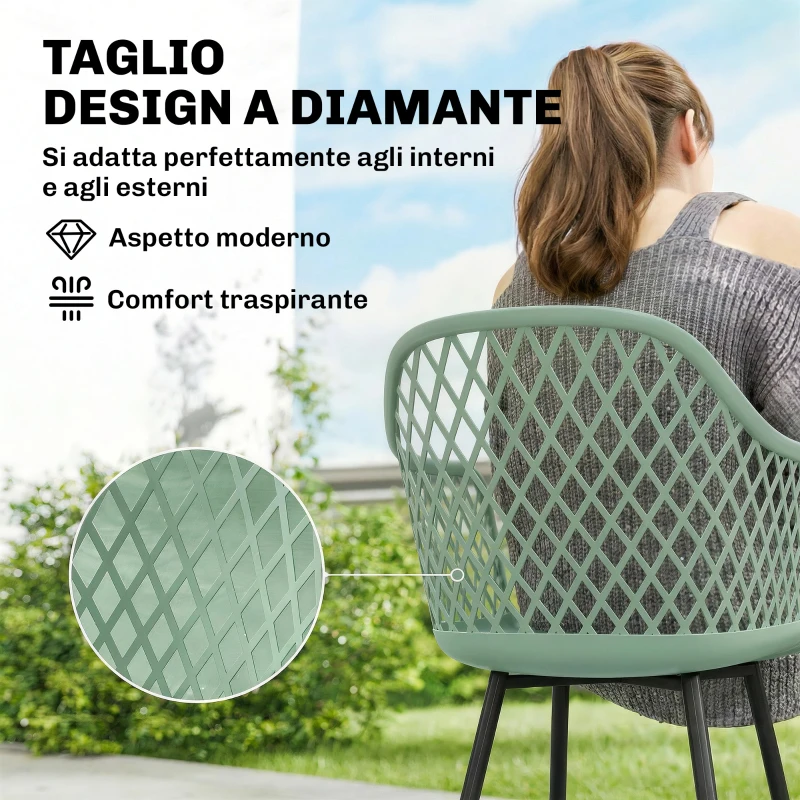 Outsunny Set di 4 Sedie da Giardino, con Schienale Diamantato, Braccioli, Verde