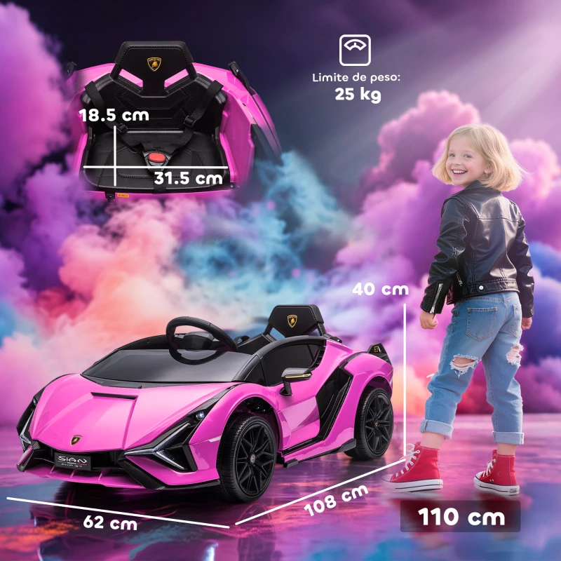 HOMCOM Macchina Elettrica per Bambini 3-5 Anni Lamborghini 12V con Telecomando e Velocità 3-8km/h, Rosa