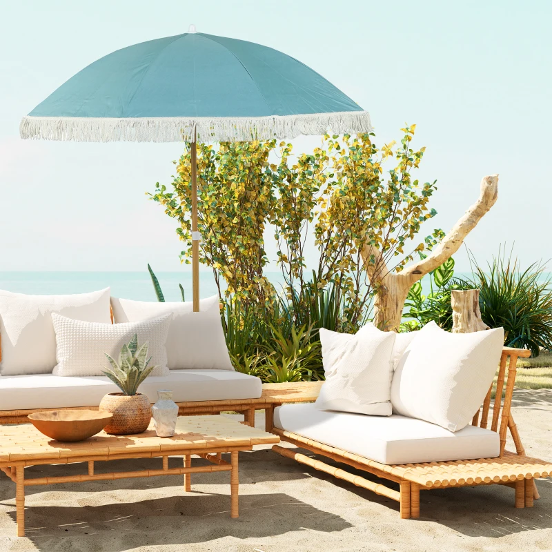 Outsunny Parasol de plage mât effet bois Ø 1,7 m, grand parasol à franges hauteur réglable, UPF50+ sac de transport, bleu clair