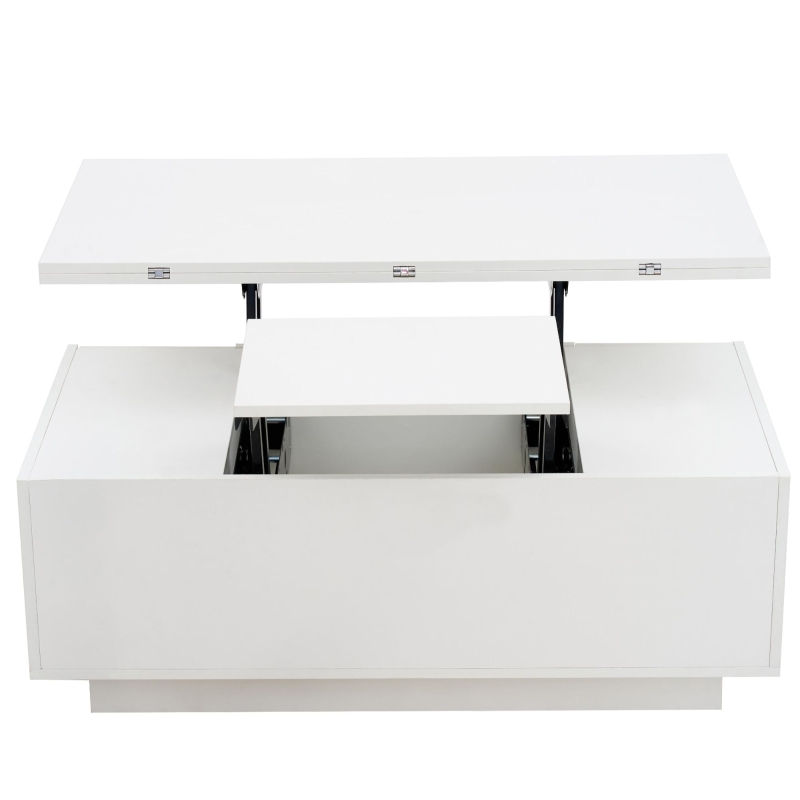 Tavolino multiuso con doppio meccanismo di sollevamento e spazio a scomparsa, 100x50x43 cm, Bianco