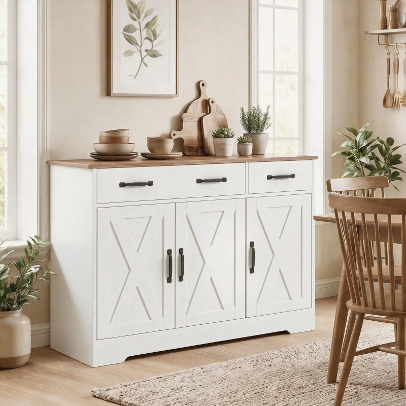 HOMCOM Buffet cucina con 3 ante fienile, 2 cassetti e ripiani, 108x40x81 cm, Bianco