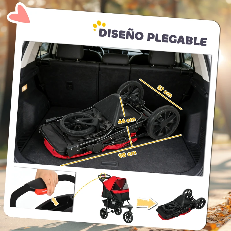 PawHut Carrito para Perros con 3 Ruedas Ventanas de Malla Cesta de Almacenaje y Correas de Seguridad 109,5x57,5x106,5 cm Rojo