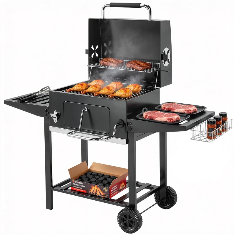 Outsunny Barbacoa de Carbón con Bandeja Ajustable Estantes Plegables Ruedas Termómetro Tapa Chimenea Ventilaciones y Cesta