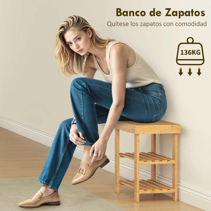 HOMCOM Banco Zapatero de Bambú de 3 Niveles para 4 Pares Zapatos 50x28x45 cm Natural