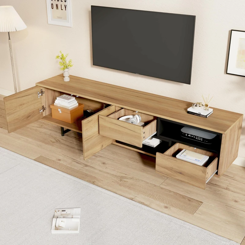 Mobile TV moderno portaoggetti con ripiani aperti, in truciolato, 173x38x48 cm, Color legno