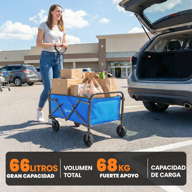 Outsunny Carro de Jardín Plegable con Ruedas Mango Ajustable Carga 68 kg para Campaña Compra 81x45x89 cm Azul