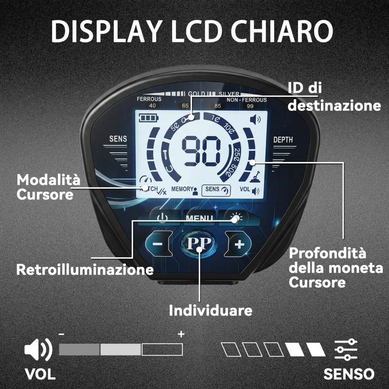 Outsunny Metal Detector 3 Modalità Adulti, Bobina Impermeabile IP68, Display LCD