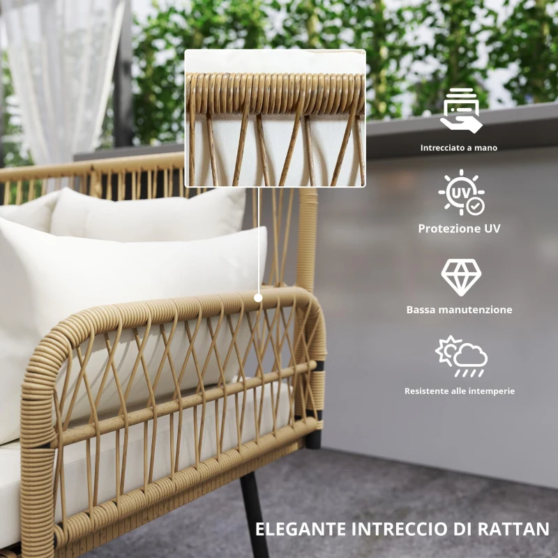 Outsunny Divano da giardino con cuscini e cuscini 2 posti in rattan intrecciato, divano per esterni con braccioli naturale