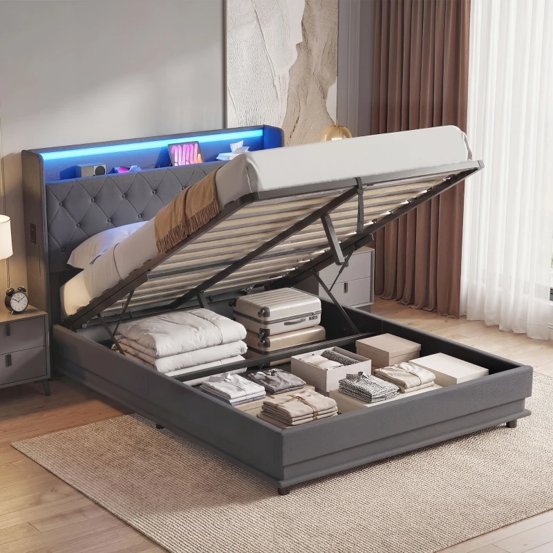 HOMCOM Cama con almacenaje 140x190cm iluminación LED y estación de carga armazón tapizado en lino almacenamiento hidráulico gris