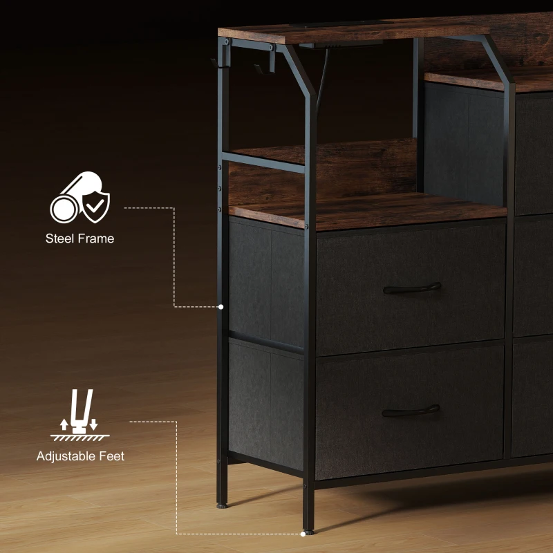 HOMCOM Commode, meuble de rangement avec station de recharge, 8 tiroirs en tissu, étagère ouverte, 130,5x30x88cm, marron