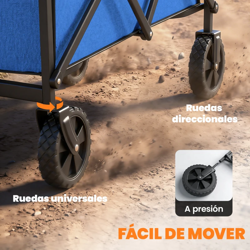 Outsunny Carro de Jardín Plegable con Ruedas Mango Ajustable Carga 68 kg para Campaña Compra 81x45x89 cm Azul