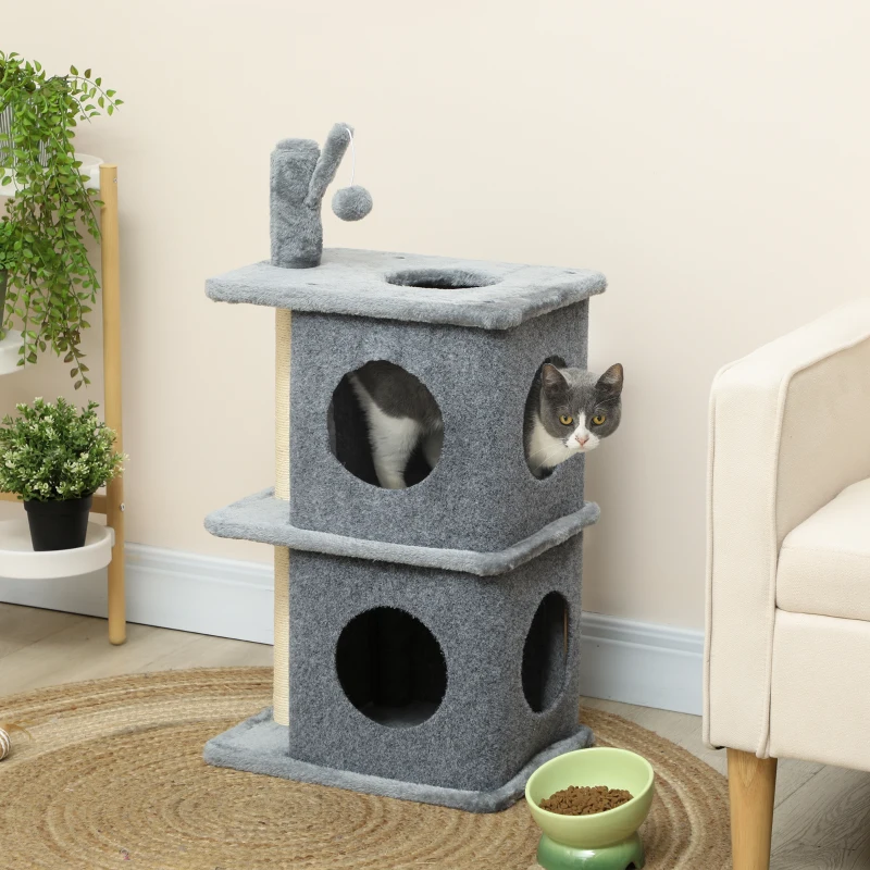 PawHut Arbre à chat à 3 niveaux tour pour chat 2 niches et surface de repos confortable, balle 43 x 33 x 80 cm gris foncé
