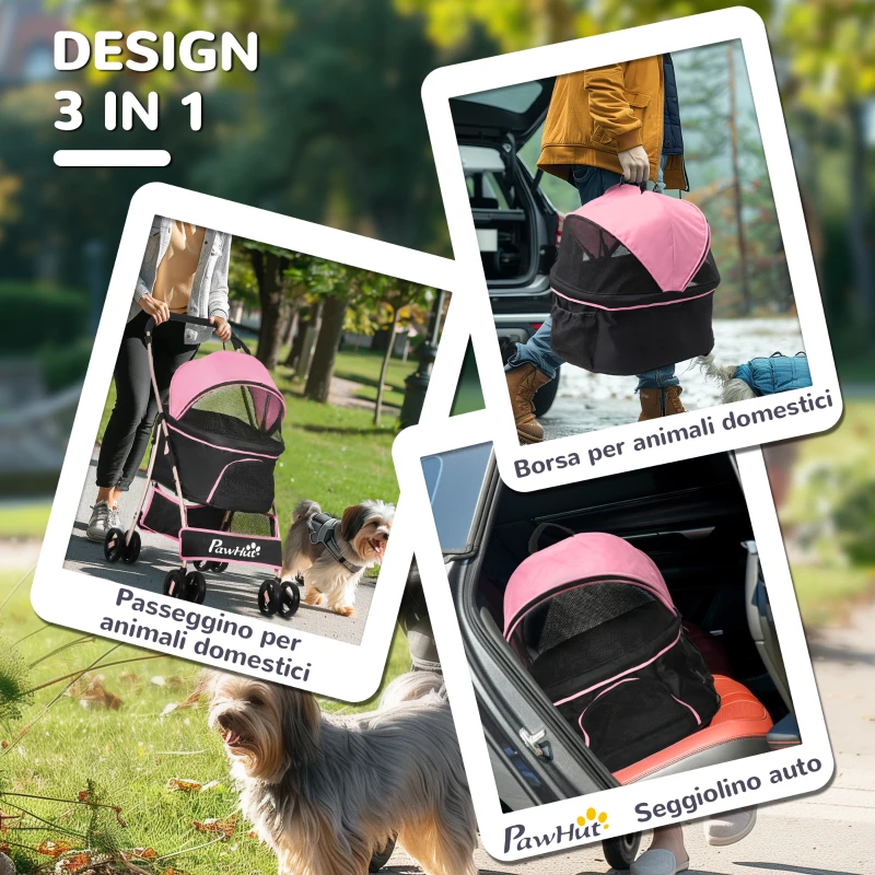 PawHut Passeggino per Cani 2 in 1 Pieghevole e Convertibile in Trasportino con 2 Guinzagli e Cuscino, Rosa