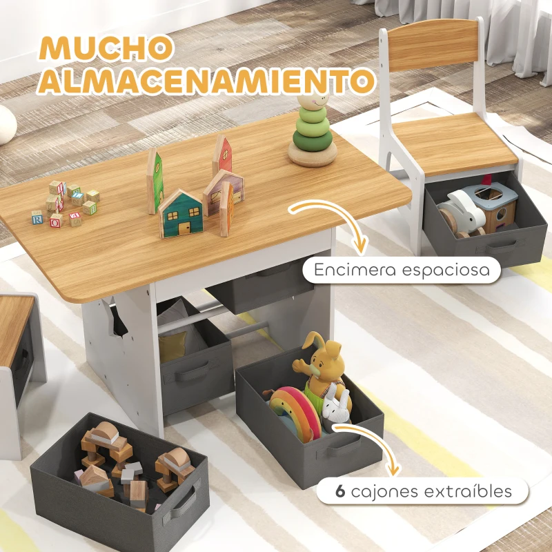 AIYAPLAY Mesa Infantil con 2 Sillas con 6 Cajones de Tela Diseño Estrellas para Niños y Niñas de 3-8 Años Natural