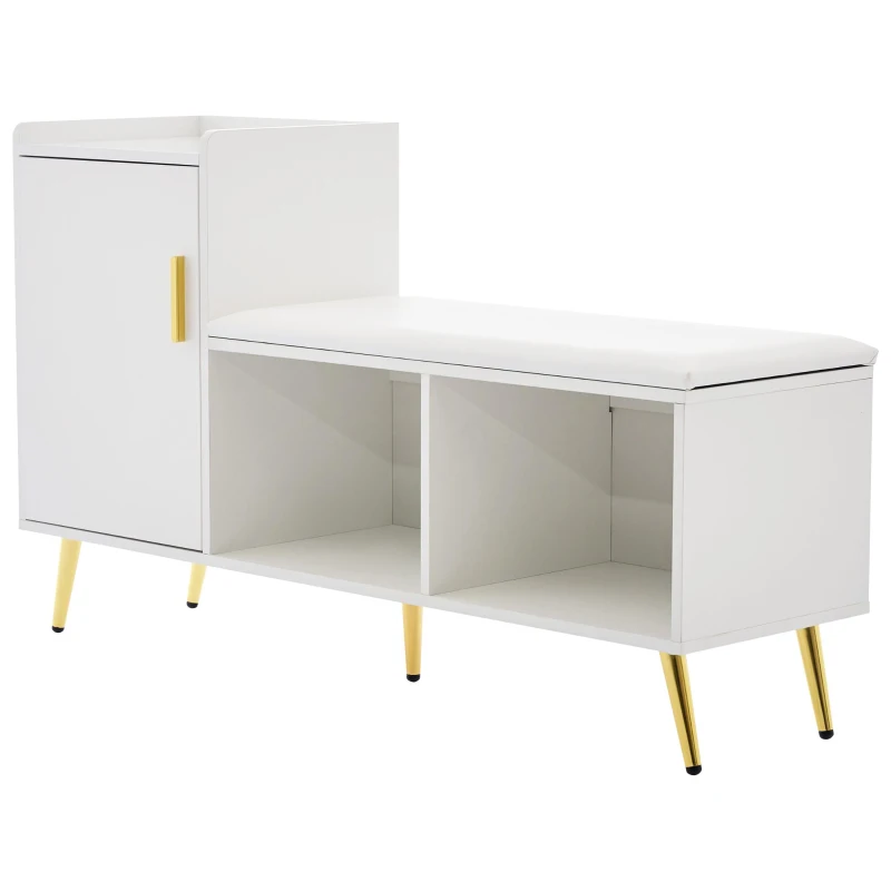 Mobile scarpiera lucido con panca imbottita, ripiani regolabili e dettagli dorati, 120x35x71.5 cm, Bianco
