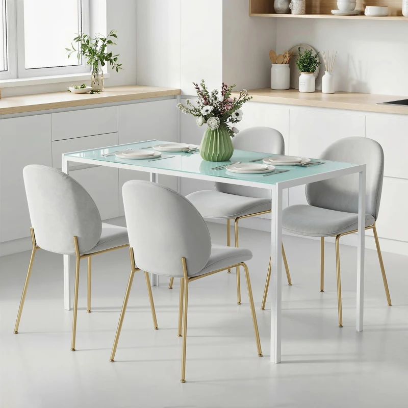 HOMCOM Table à manger pour 4 personnes, table de cuisine avec plateau en verre trempé et pieds en métal, 120x60x75cm, blanc