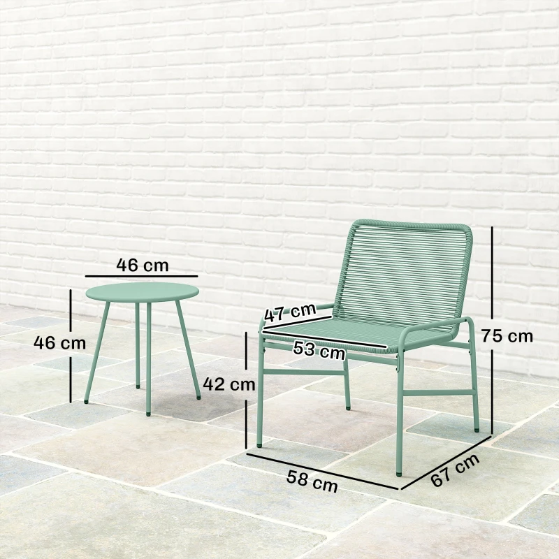 Outsunny Conjunto de Jardim Exterior 3 Peças em Resina Trançada e Aço, Mesa de Jardim Redonda com 2 Cadeiras, 58x67x75cm, Verde