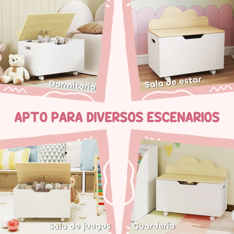 AIYAPLAY Baúl Juguetes Infantil con Ruedas Tapa Abatible con Bisagra de Seguridad Diseño de Nube Blanco y Natural
