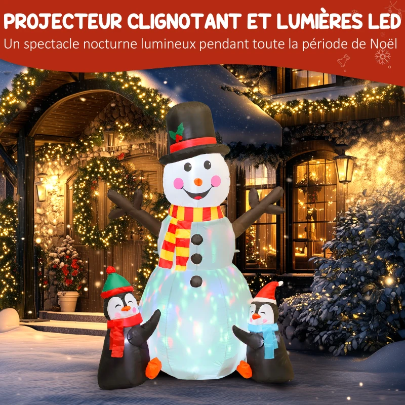 Outsunny Bonhomme de neige et pingouins gonflable de Noël de 180 cm avec lumières LED, décoration de Noël intérieur et extérieur