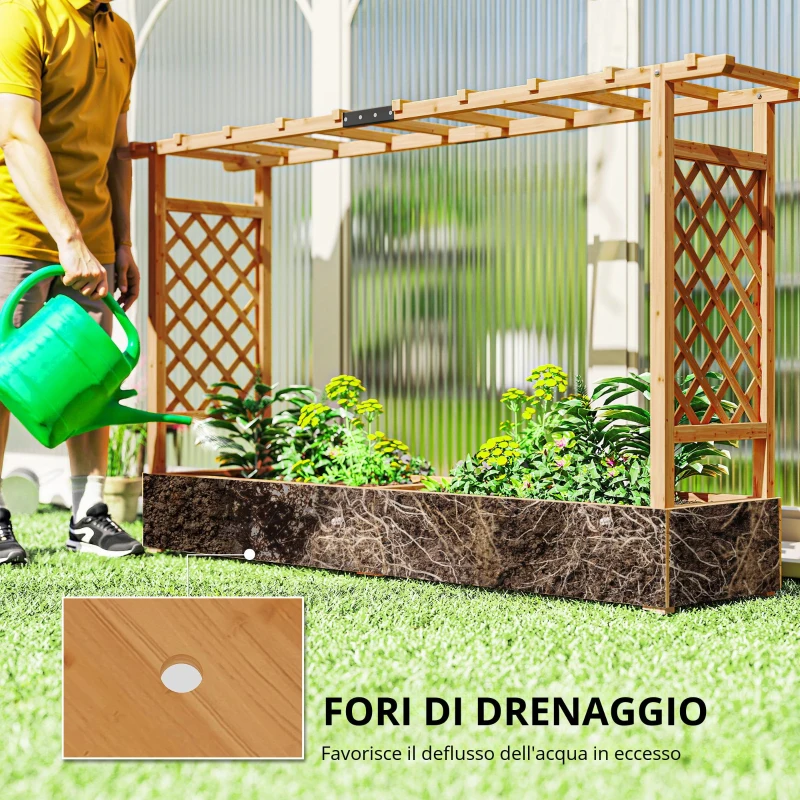 Outsunny Fioriera rialzata con traliccio laterale e superiore, vaso da fiori fori di drenaggio, 200x44x113,5cm, legno naturale