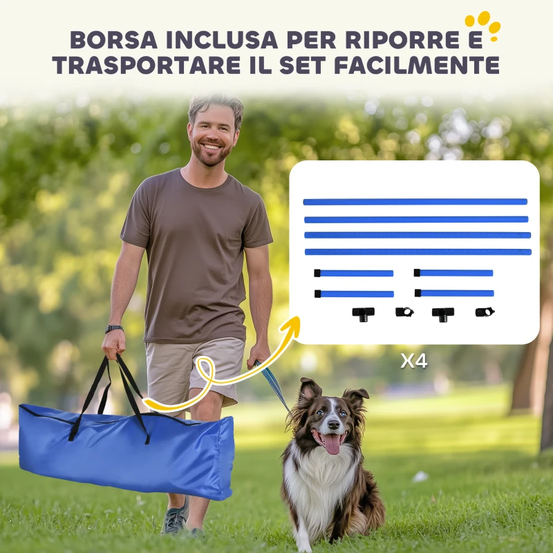 PawHut Set di 4 Ostacoli Agility Dog per Addestramento Cani ad Altezza Regolabile con Borsa da Trasporto Inclusa, 99x65x94cm, Blu