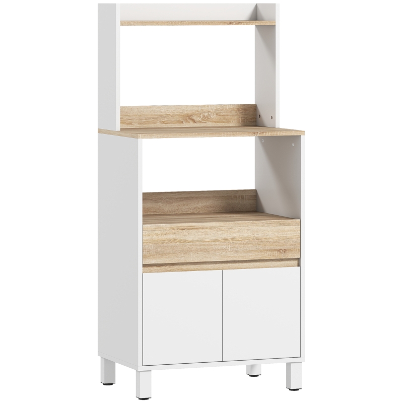 HOMCOM Meuble micro onde, buffet cuisine avec placard tiroir étagère supérieur, 60 x 40 x 131 cm chêne et blanc