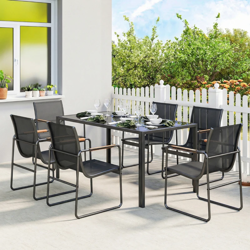 Outsunny Ensemble de Salle à Manger d'Extérieur 7 Pièces pour 6 Personnes, Table en Verre et Chaises avec Accoudoirs Décoratifs, Maille Résistante aux Intempéries, Noir