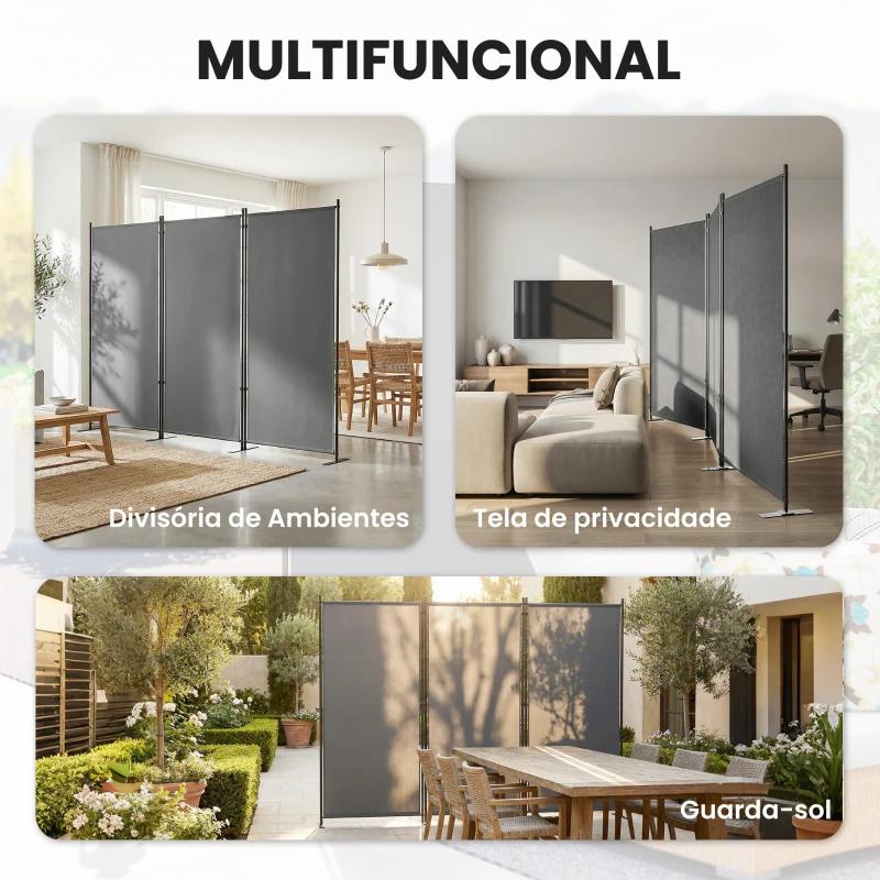 Outsunny Biombo Dobrável de 3 Painéis, 260x180 cm, Biombo Separador de Ambientes com Estrutura Metálica UPF 30+, Cinzento-Escuro