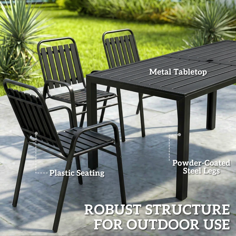 Outsunny 7 Pieces Outdoor Dining Set with Umbrella Hole, Garden Table and Chairs Set for 6 with Metal Table and Stackable Chairs