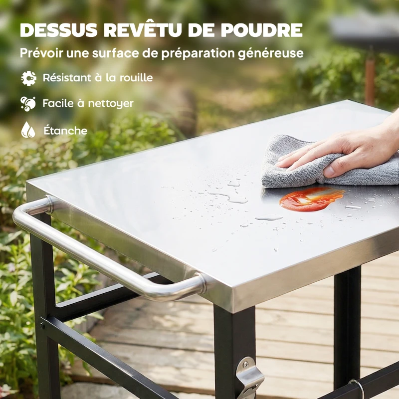 Outsunny Desserte jardin chariot de barbecue sur roulettes plateau en acier inoxydable étagère crochets, 82 x 55 x 79 cm, noir
