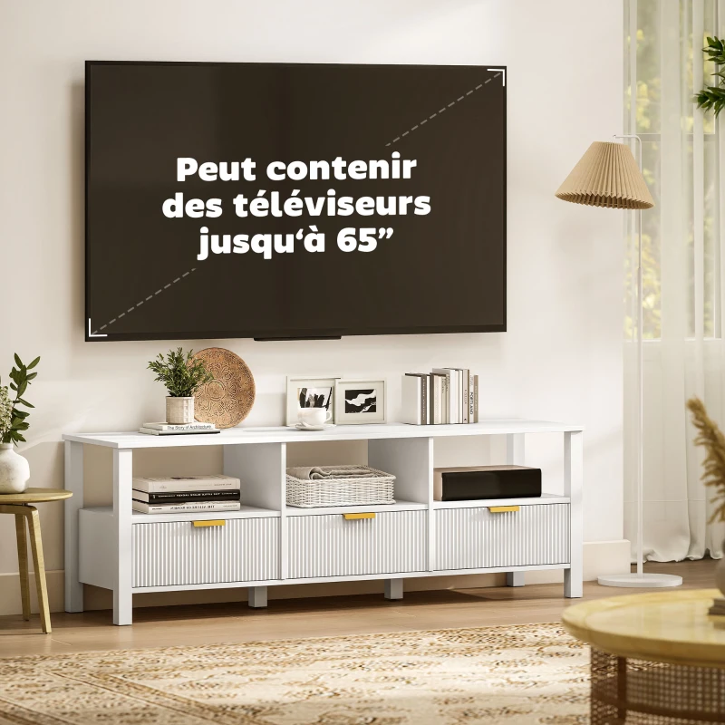 HOMCOM Meuble TV 152 cm, meuble télé pour téléviseur 65 pouces avec 3 tiroirs et 3 étagères ouvertes, 152x39,5x50cm, blanc