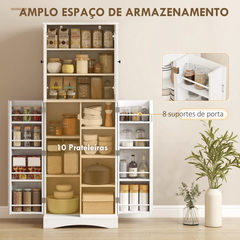 HOMCOM Armário Despensa de Cozinha com 4 Portas 8 Compartimentos e 10 Prateleirascom 4 Prateleiras Ajustáveis 60x40x162 cm Branco